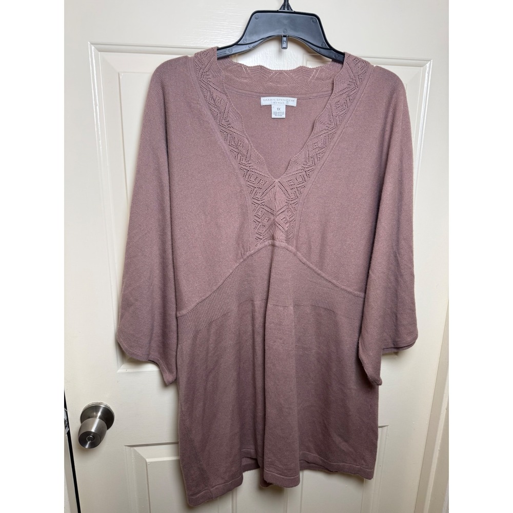 Sarah Spencer Woman Mauve Knit Tunic V-Neck Pointelle Batwing Sleeve Top 1X